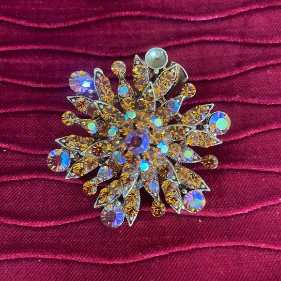 Vintage Silver tone clip ons earrings with amber and an amber AB crystal Brooch - Picture 4 of 10